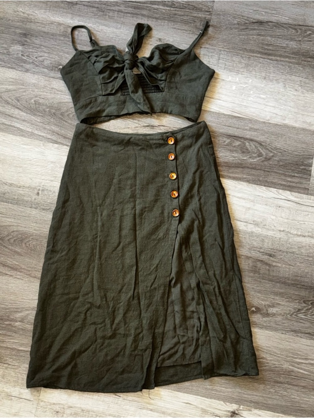 Two-Piece Olive Green Matching Set - Midi Skirt + Top